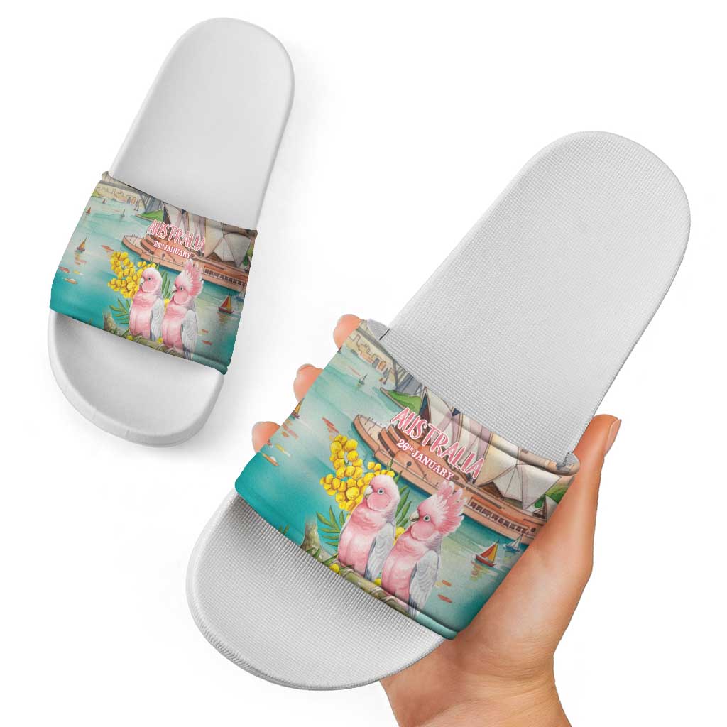 Pink Galah Australia Day Slide Sandals Aussie Sydney Opera House Watercolor Stylized - Aussie Hoodie