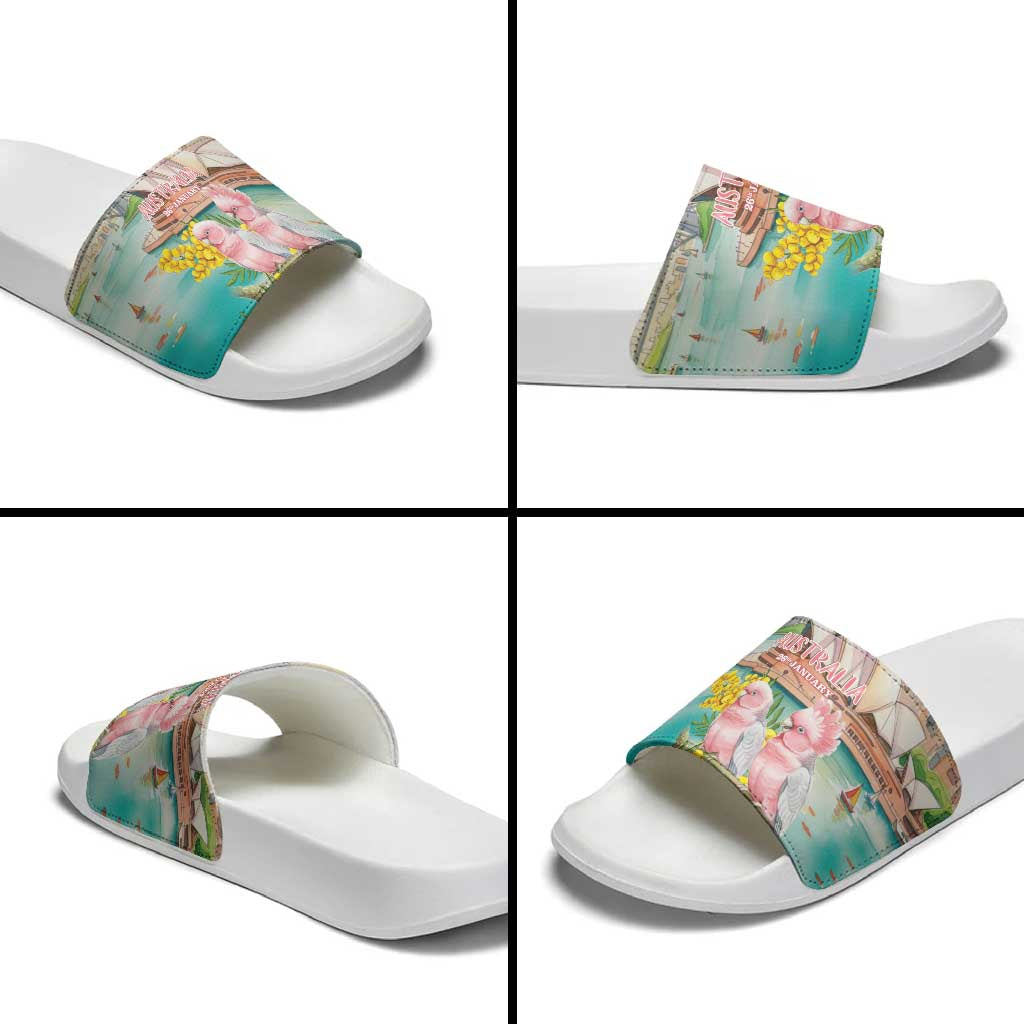 Pink Galah Australia Day Slide Sandals Aussie Sydney Opera House Watercolor Stylized - Aussie Hoodie