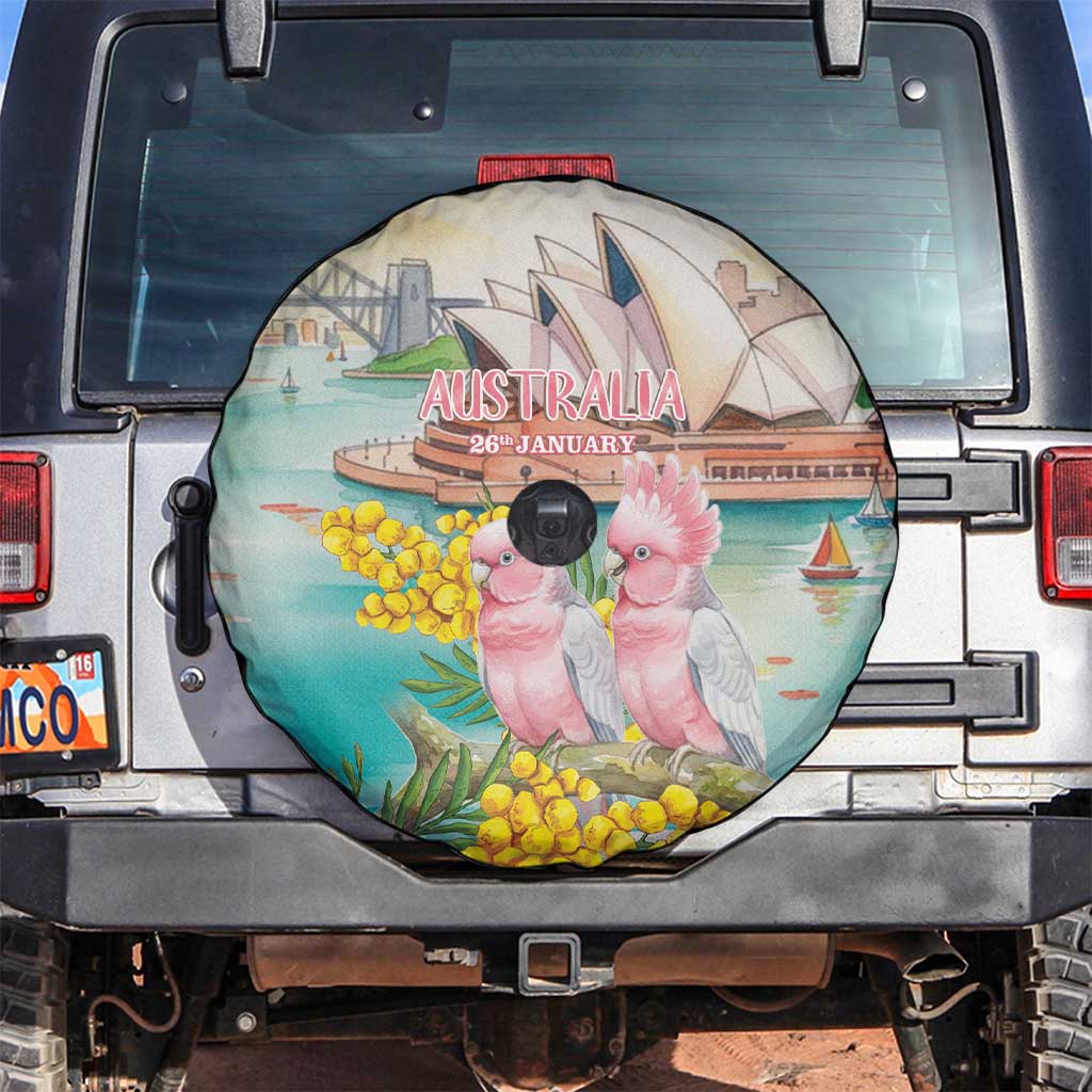 Pink Galah Australia Day Spare Tire Cover Aussie Sydney Opera House Watercolor Stylized - Aussie Hoodie