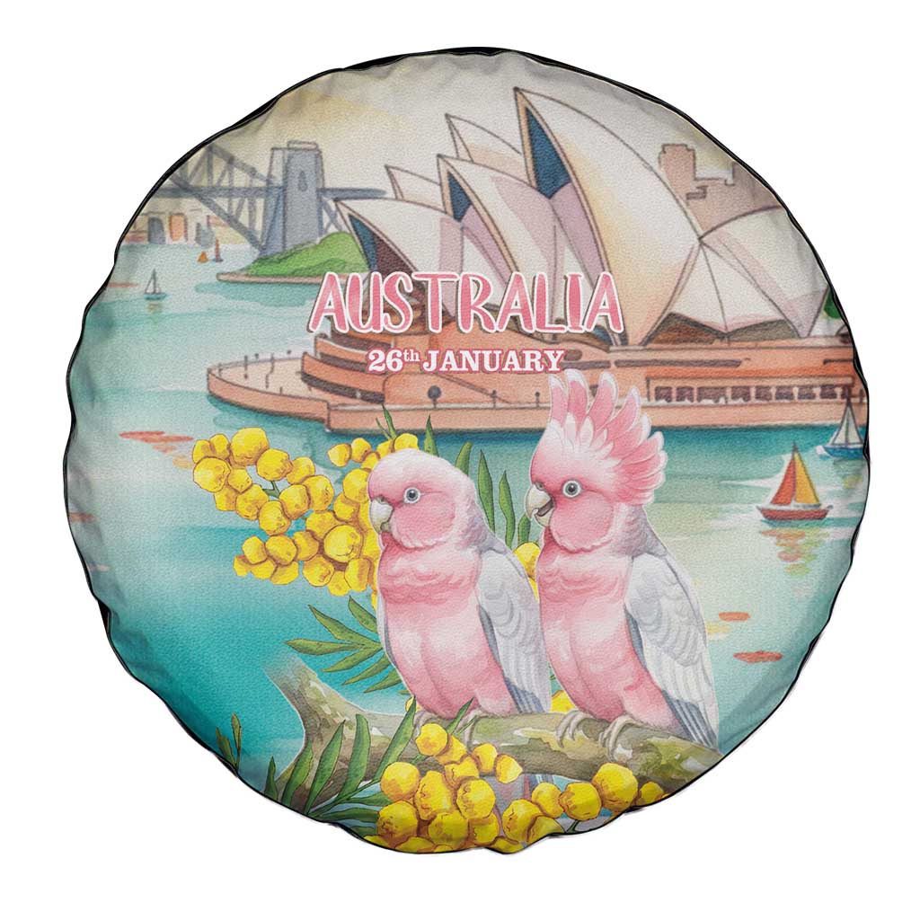 Pink Galah Australia Day Spare Tire Cover Aussie Sydney Opera House Watercolor Stylized - Aussie Hoodie