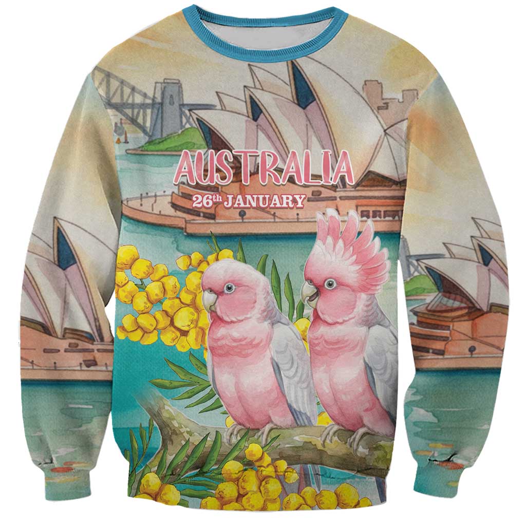 Personalised Pink Galah Australia Day Sweatshirt Aussie Sydney Opera House Watercolor Stylized - Aussie Hoodie