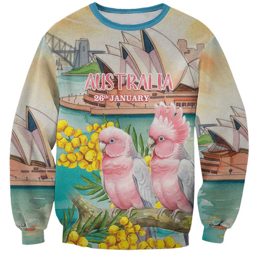 Personalised Pink Galah Australia Day Sweatshirt Aussie Sydney Opera House Watercolor Stylized - Aussie Hoodie