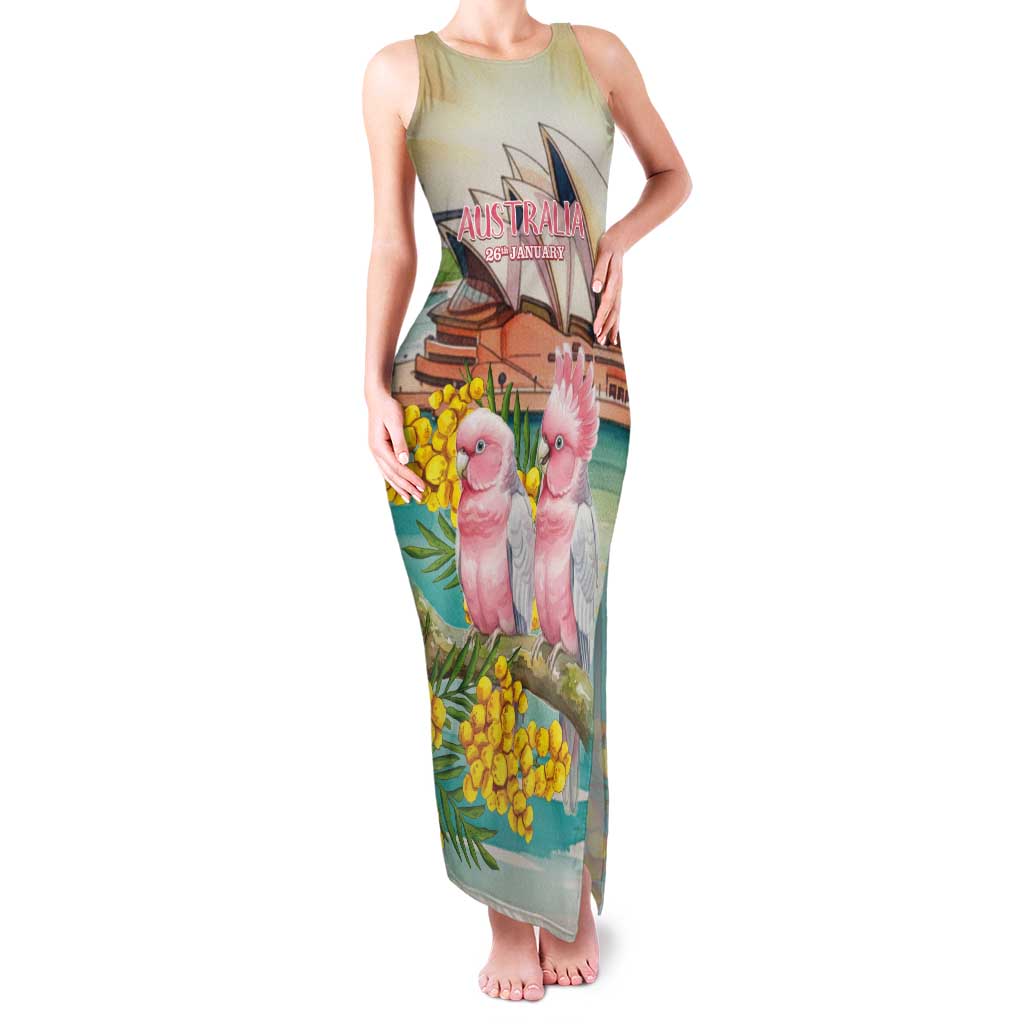 Personalised Pink Galah Australia Day Tank Maxi Dress Aussie Sydney Opera House Watercolor Stylized - Aussie Hoodie