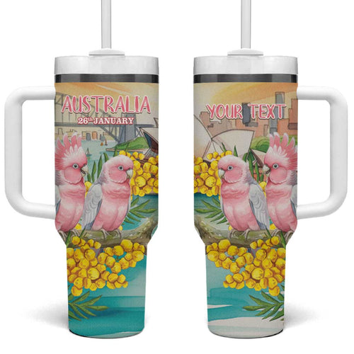 Personalised Pink Galah Australia Day Tumbler With Handle Aussie Sydney Opera House Watercolor Stylized - Aussie Hoodie