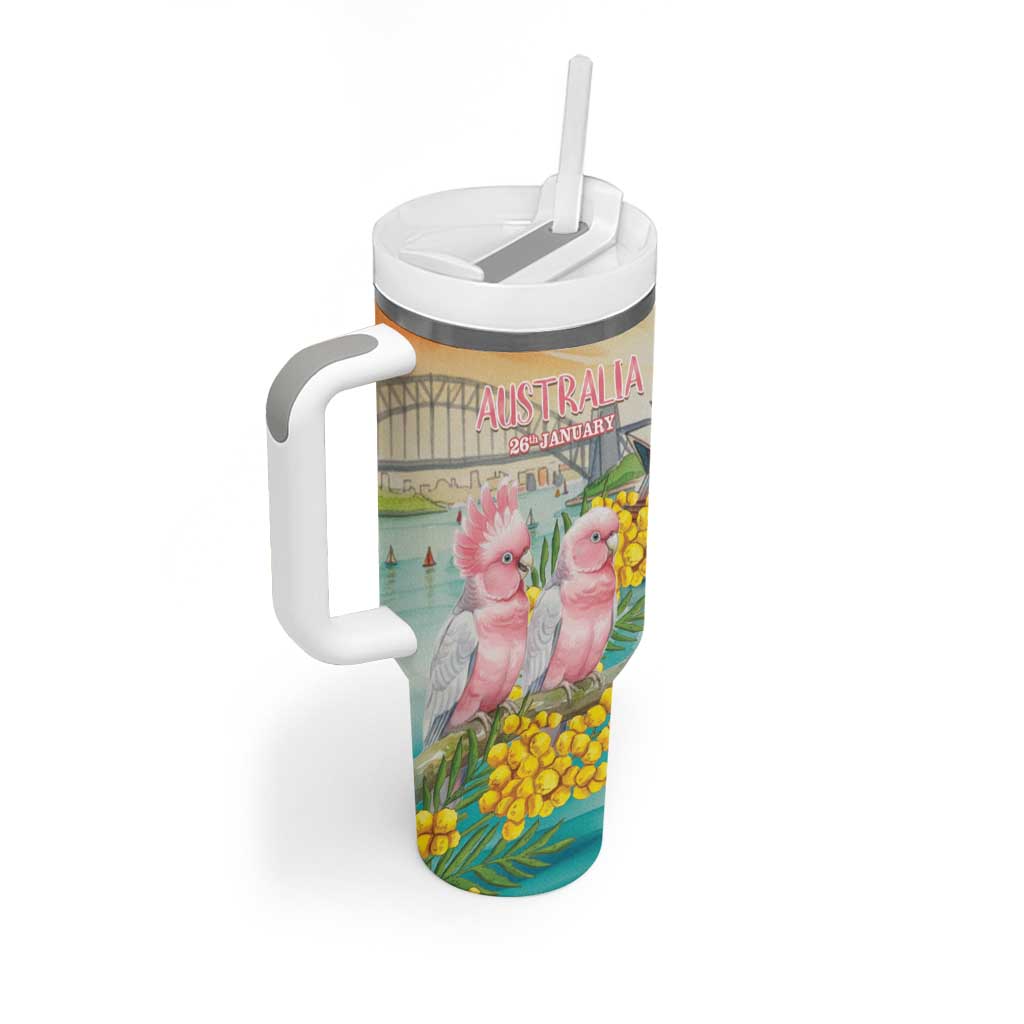 Personalised Pink Galah Australia Day Tumbler With Handle Aussie Sydney Opera House Watercolor Stylized - Aussie Hoodie
