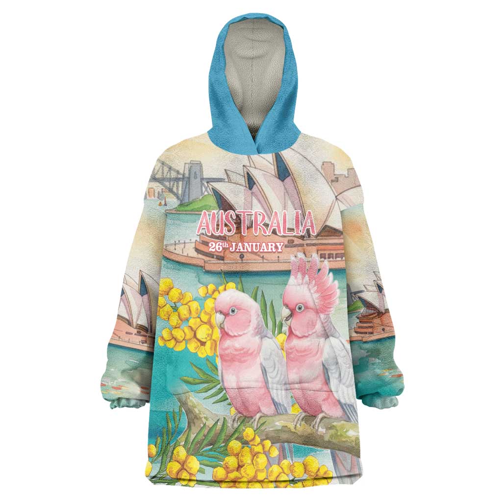 Personalised Pink Galah Australia Day Wearable Blanket Hoodie Aussie Sydney Opera House Watercolor Stylized - Aussie Hoodie