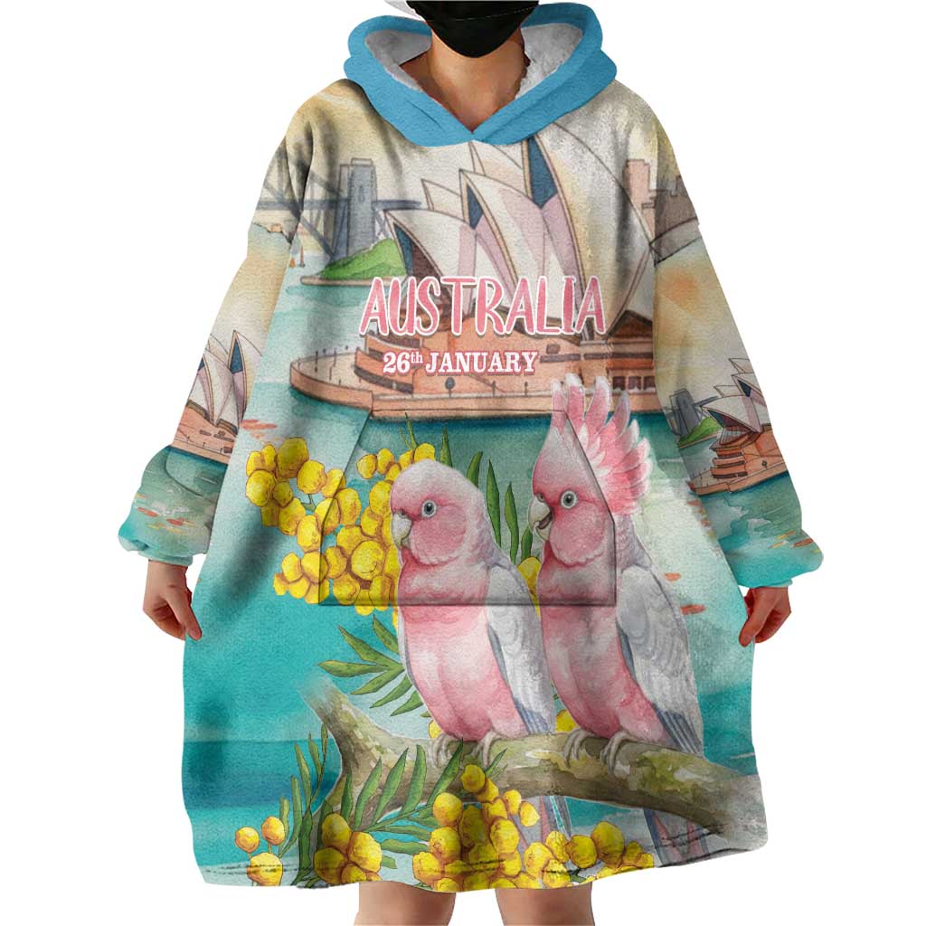 Personalised Pink Galah Australia Day Wearable Blanket Hoodie Aussie Sydney Opera House Watercolor Stylized - Aussie Hoodie