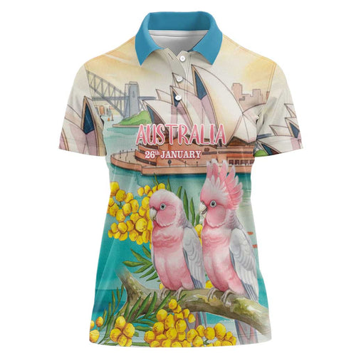 Personalised Pink Galah Australia Day Women Polo Shirt Aussie Sydney Opera House Watercolor Stylized - Aussie Hoodie