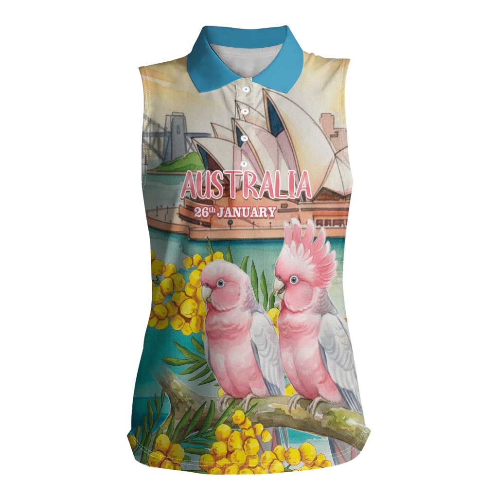 Personalised Pink Galah Australia Day Women Sleeveless Polo Shirt Aussie Sydney Opera House Watercolor Stylized - Aussie Hoodie