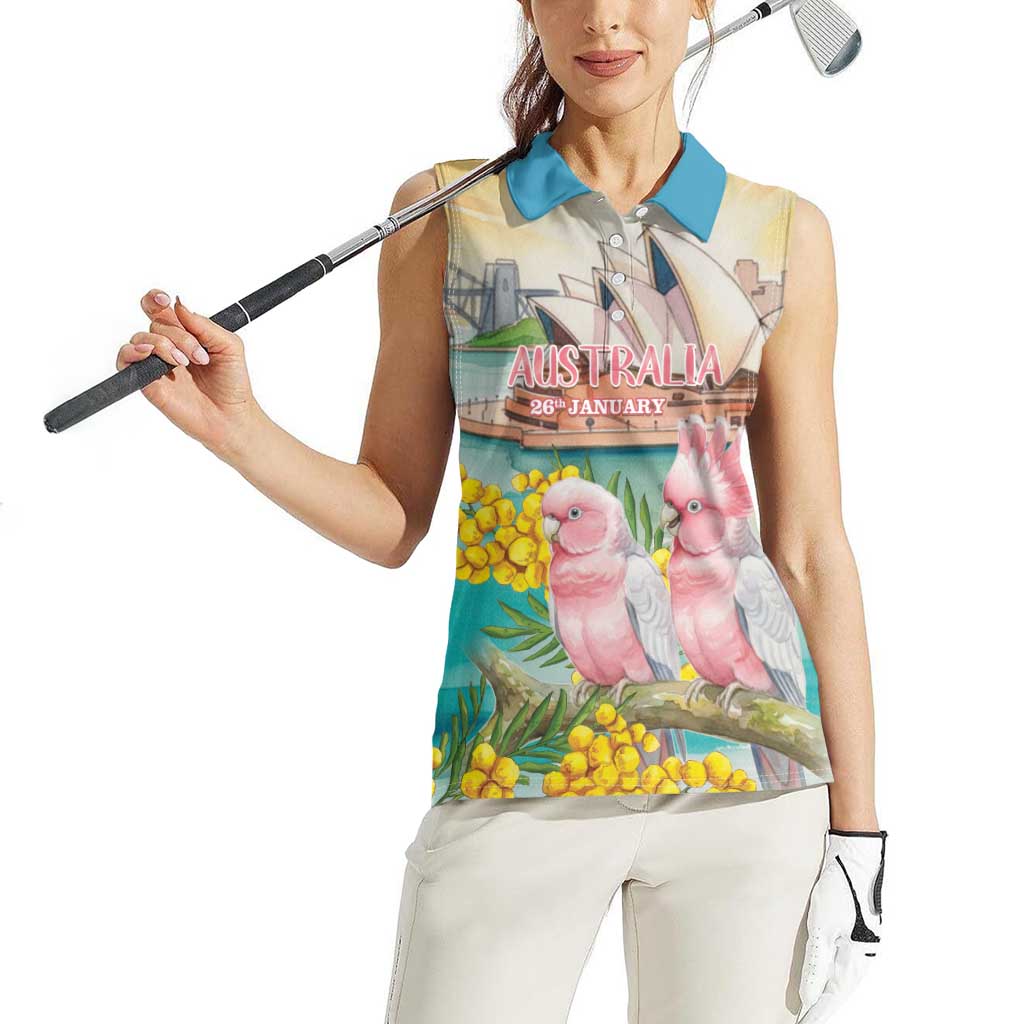 Personalised Pink Galah Australia Day Women Sleeveless Polo Shirt Aussie Sydney Opera House Watercolor Stylized - Aussie Hoodie