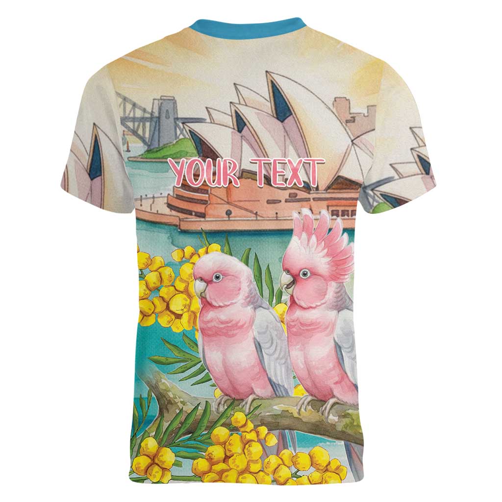 Personalised Pink Galah Australia Day Women V-Neck T-Shirt Aussie Sydney Opera House Watercolor Stylized - Aussie Hoodie