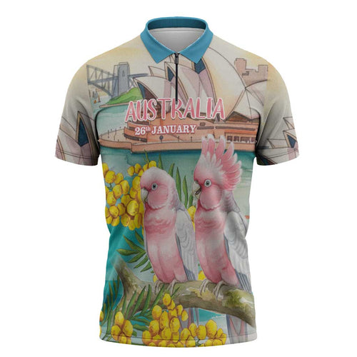 Personalised Pink Galah Australia Day Zipper Polo Shirt Aussie Sydney Opera House Watercolor Stylized - Aussie Hoodie