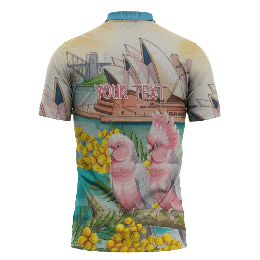 Personalised Pink Galah Australia Day Zipper Polo Shirt Aussie Sydney Opera House Watercolor Stylized - Aussie Hoodie