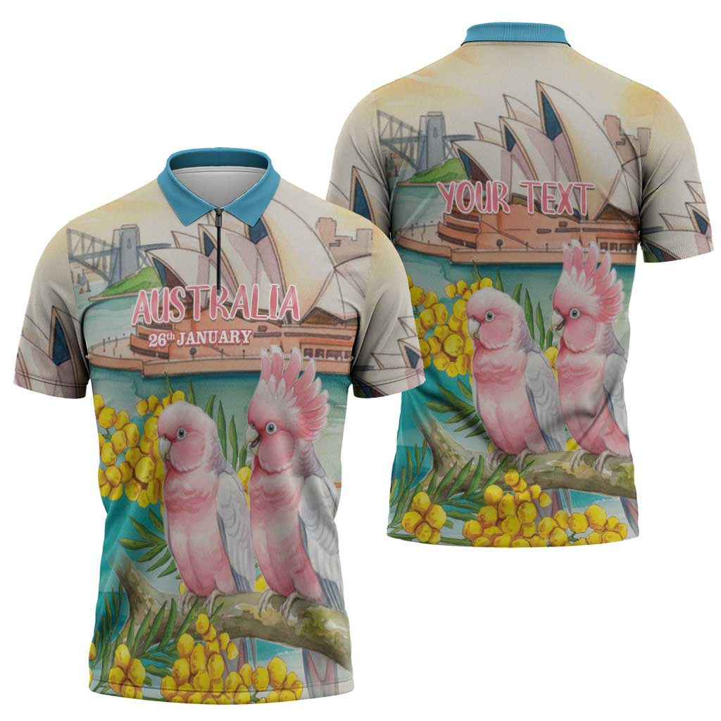 Personalised Pink Galah Australia Day Zipper Polo Shirt Aussie Sydney Opera House Watercolor Stylized - Aussie Hoodie