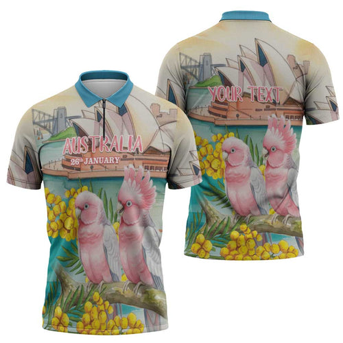 Personalised Pink Galah Australia Day Zipper Polo Shirt Aussie Sydney Opera House Watercolor Stylized - Aussie Hoodie
