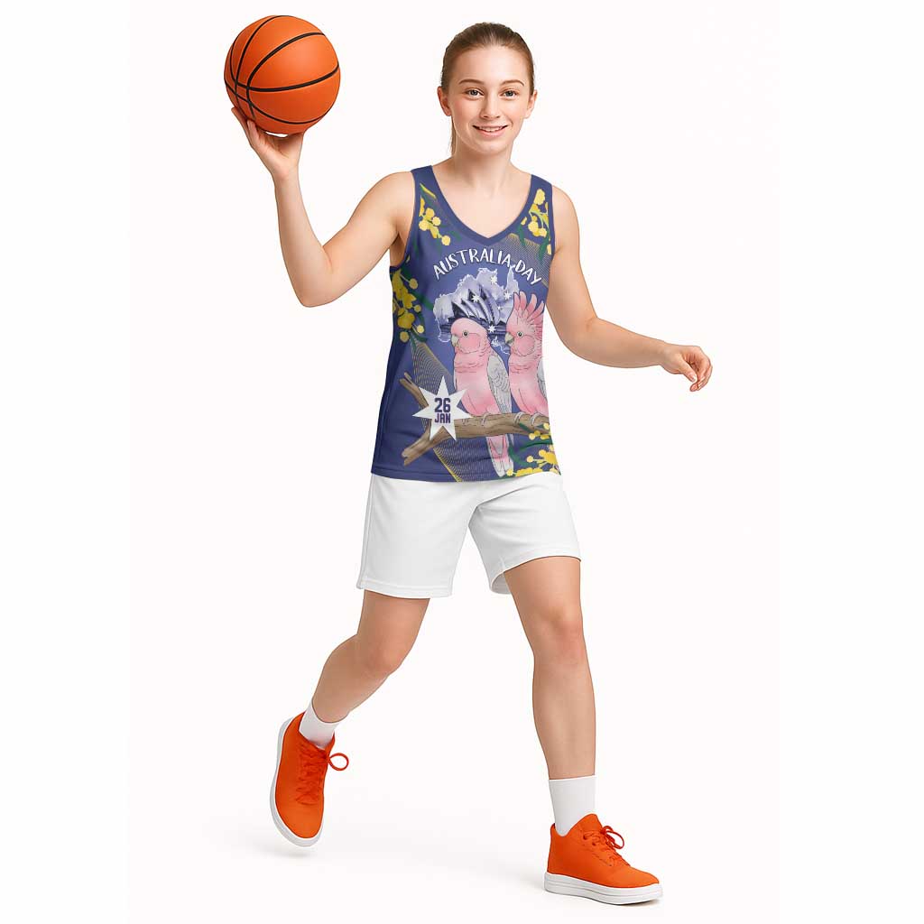 Personalised Pink Galah Australia Day Basketball Jersey 26th January Golden Wattle Flag Color - Aussie Hoodie