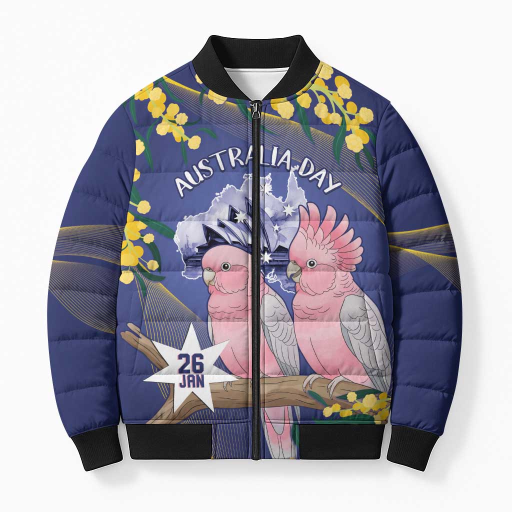 Personalised Pink Galah Australia Day Bomber Puffer Jacket 26th January Golden Wattle Flag Color - Aussie Hoodie