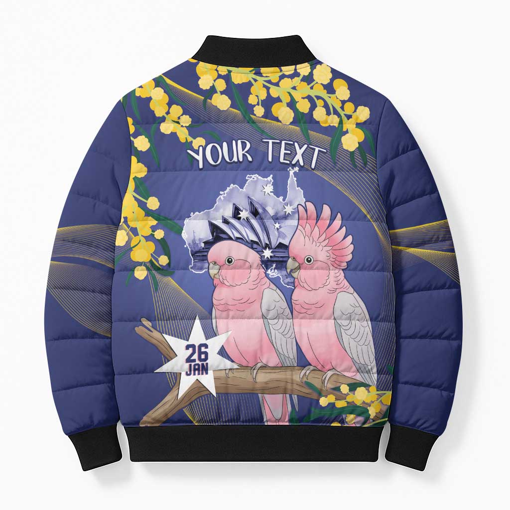 Personalised Pink Galah Australia Day Bomber Puffer Jacket 26th January Golden Wattle Flag Color - Aussie Hoodie