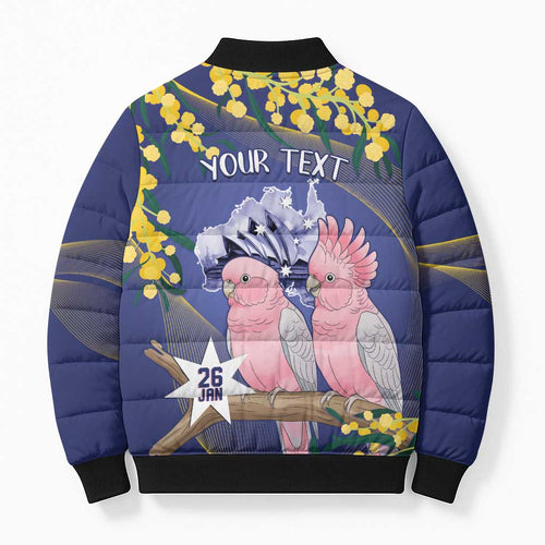Personalised Pink Galah Australia Day Bomber Puffer Jacket 26th January Golden Wattle Flag Color - Aussie Hoodie