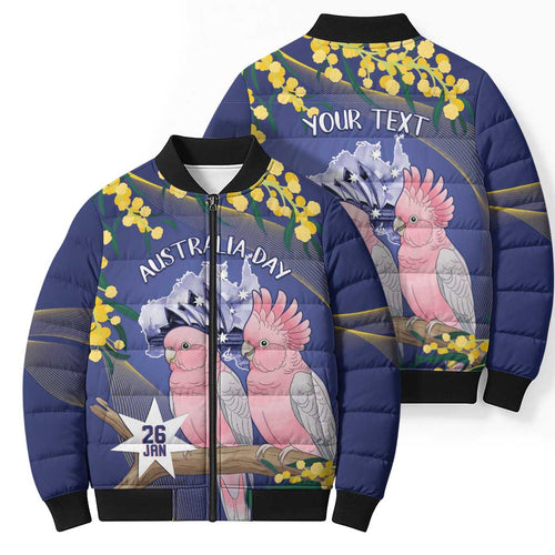 Personalised Pink Galah Australia Day Bomber Puffer Jacket 26th January Golden Wattle Flag Color - Aussie Hoodie