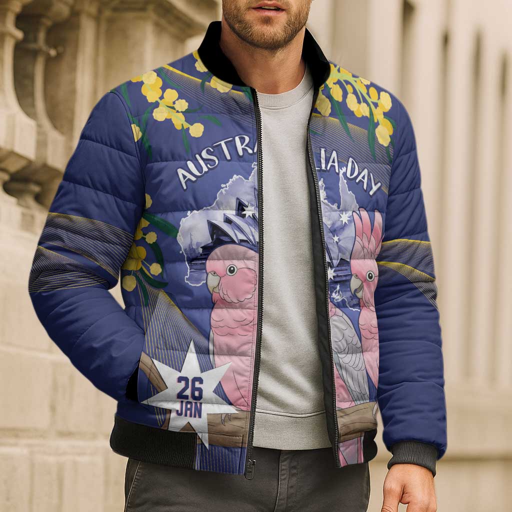 Personalised Pink Galah Australia Day Bomber Puffer Jacket 26th January Golden Wattle Flag Color - Aussie Hoodie
