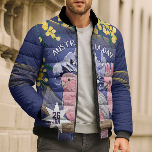 Personalised Pink Galah Australia Day Bomber Puffer Jacket 26th January Golden Wattle Flag Color - Aussie Hoodie