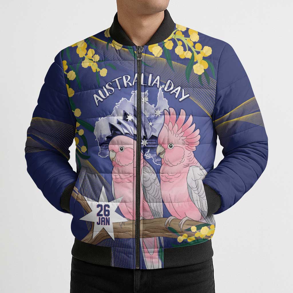 Personalised Pink Galah Australia Day Bomber Puffer Jacket 26th January Golden Wattle Flag Color - Aussie Hoodie