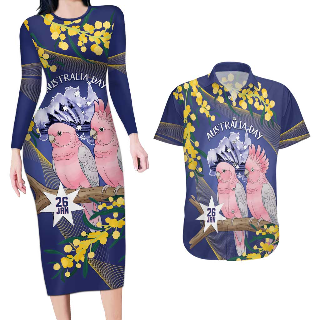 Personalised Pink Galah Australia Day Couples Matching Long Sleeve Bodycon Dress and Hawaiian Shirt 26th January Golden Wattle Flag Color - Aussie Hoodie