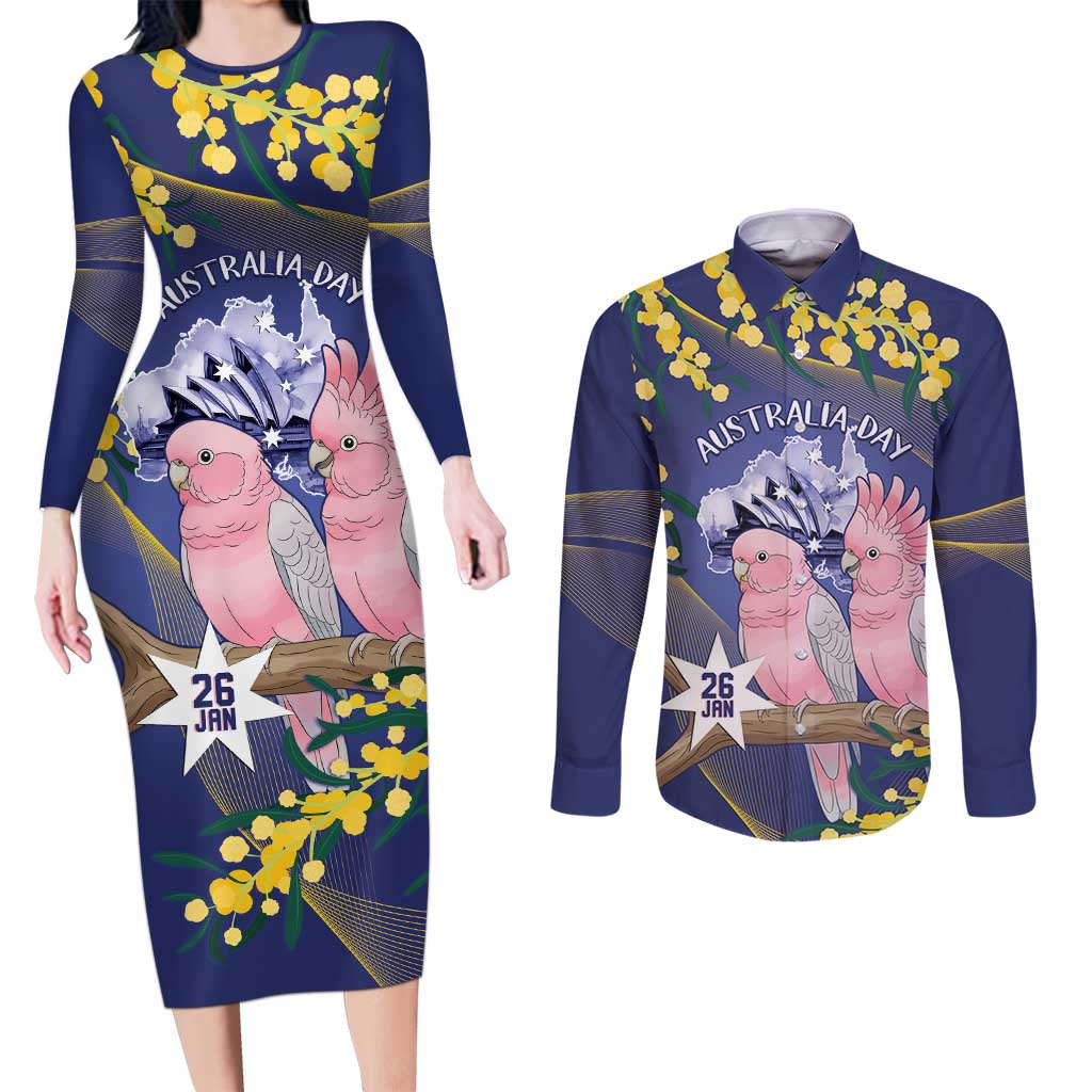 Personalised Pink Galah Australia Day Couples Matching Long Sleeve Bodycon Dress and Long Sleeve Button Shirt 26th January Golden Wattle Flag Color - Aussie Hoodie