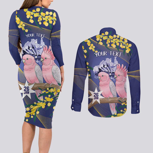 Personalised Pink Galah Australia Day Couples Matching Long Sleeve Bodycon Dress and Long Sleeve Button Shirt 26th January Golden Wattle Flag Color - Aussie Hoodie