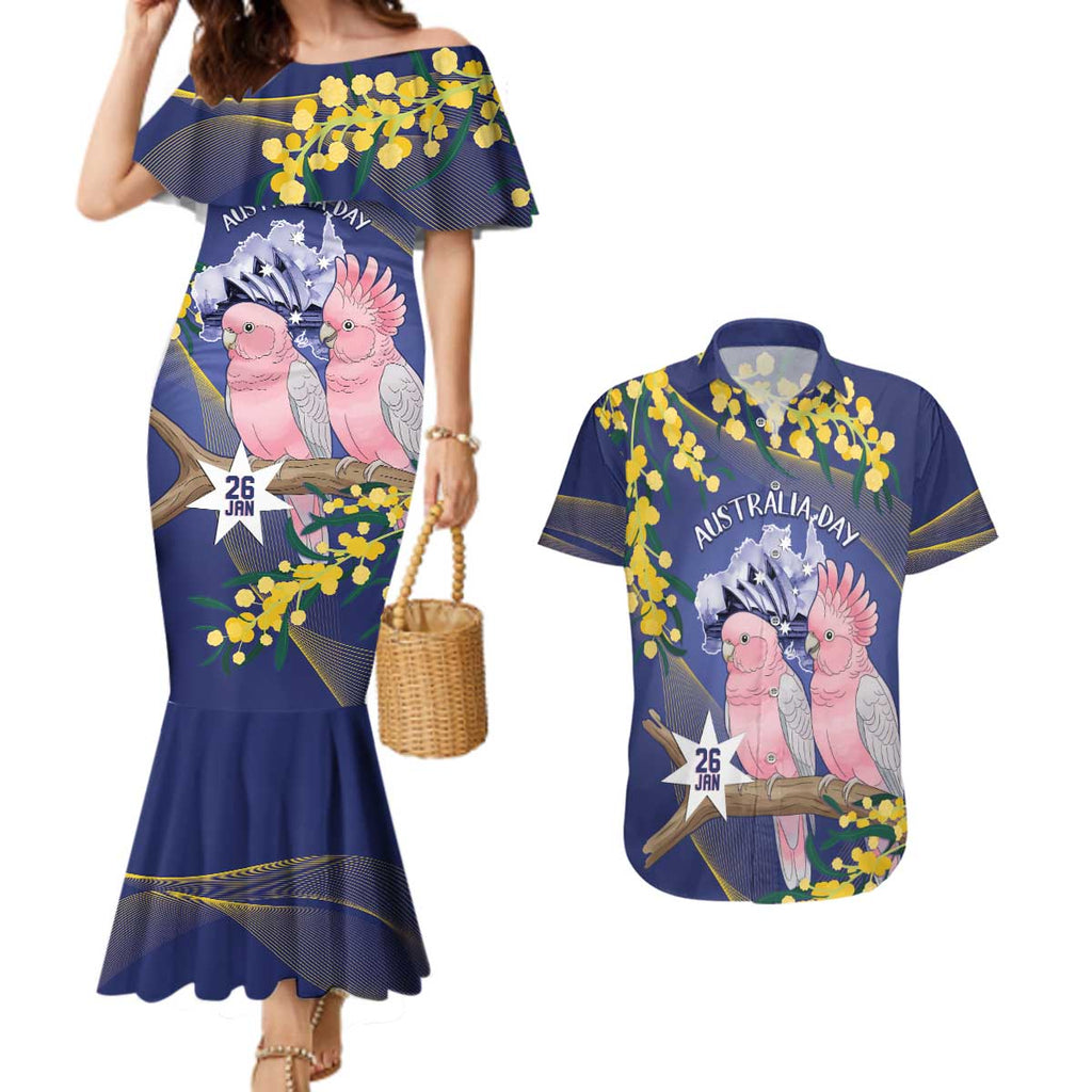 Personalised Pink Galah Australia Day Couples Matching Mermaid Dress and Hawaiian Shirt 26th January Golden Wattle Flag Color - Aussie Hoodie