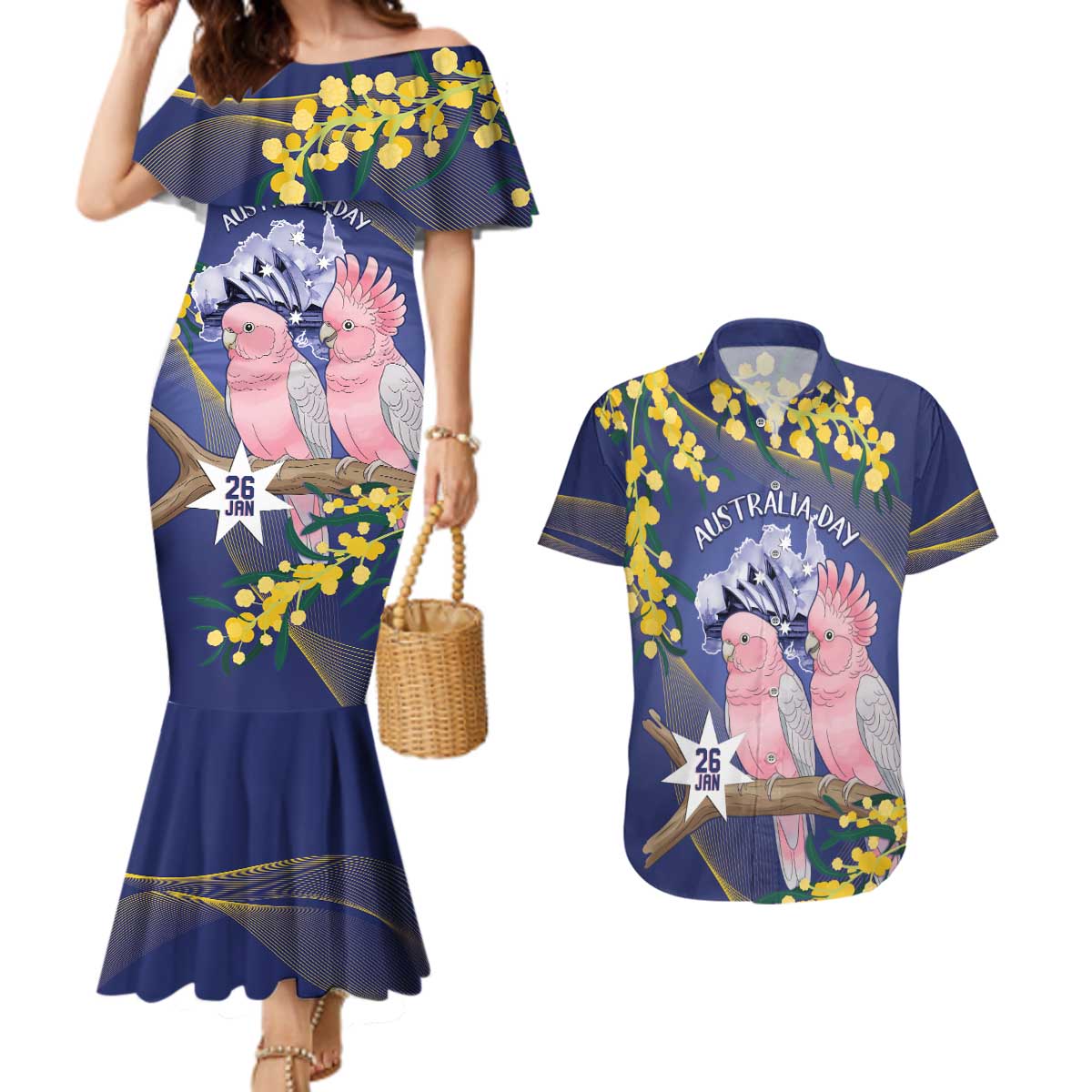 Personalised Pink Galah Australia Day Couples Matching Mermaid Dress and Hawaiian Shirt 26th January Golden Wattle Flag Color - Aussie Hoodie