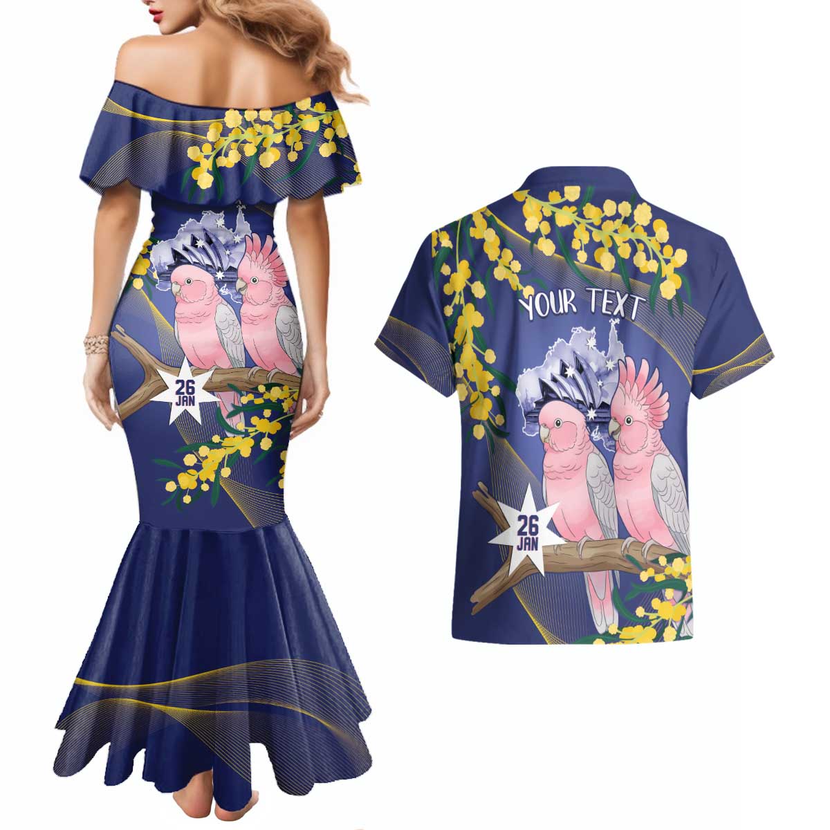 Personalised Pink Galah Australia Day Couples Matching Mermaid Dress and Hawaiian Shirt 26th January Golden Wattle Flag Color - Aussie Hoodie