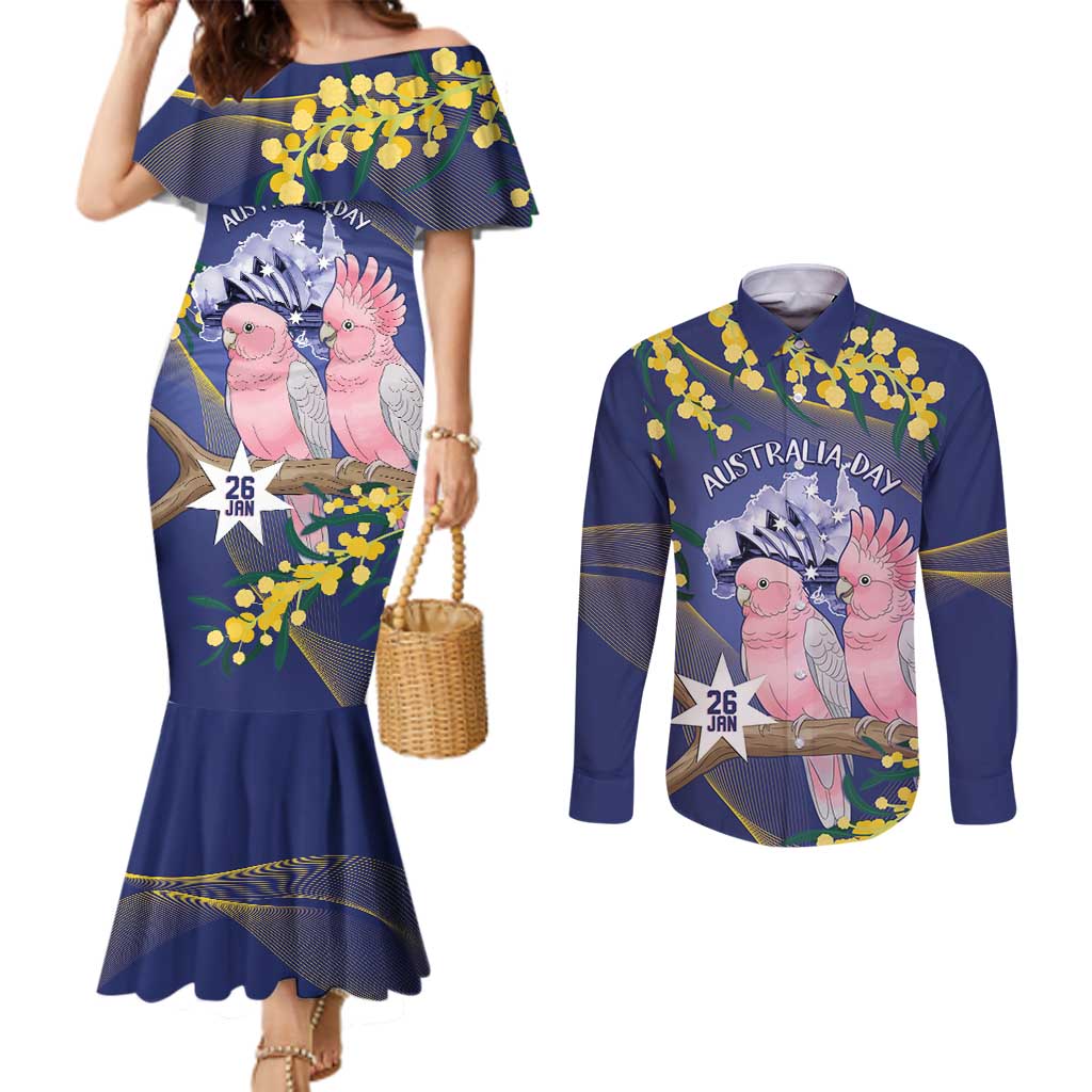 Personalised Pink Galah Australia Day Couples Matching Mermaid Dress and Long Sleeve Button Shirt 26th January Golden Wattle Flag Color - Aussie Hoodie