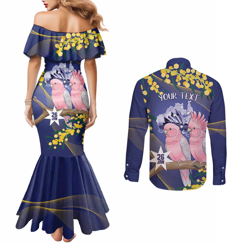 Personalised Pink Galah Australia Day Couples Matching Mermaid Dress and Long Sleeve Button Shirt 26th January Golden Wattle Flag Color - Aussie Hoodie