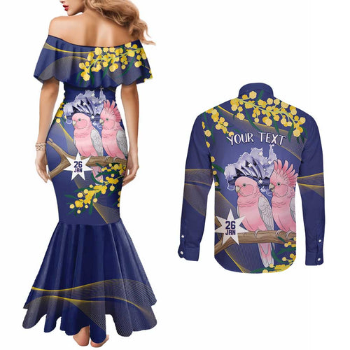 Personalised Pink Galah Australia Day Couples Matching Mermaid Dress and Long Sleeve Button Shirt 26th January Golden Wattle Flag Color - Aussie Hoodie