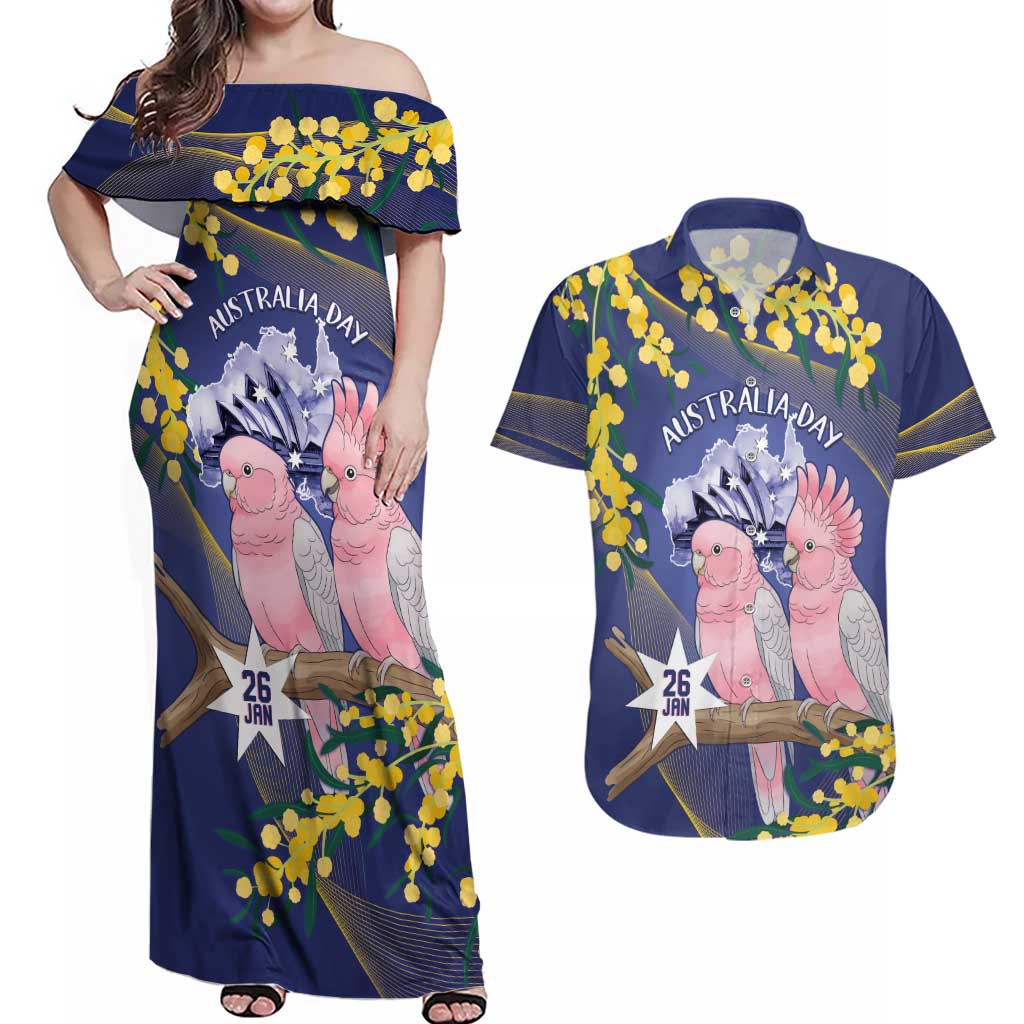 Personalised Pink Galah Australia Day Couples Matching Off Shoulder Maxi Dress and Hawaiian Shirt 26th January Golden Wattle Flag Color - Aussie Hoodie