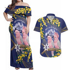 Personalised Pink Galah Australia Day Couples Matching Off Shoulder Maxi Dress and Hawaiian Shirt 26th January Golden Wattle Flag Color - Aussie Hoodie