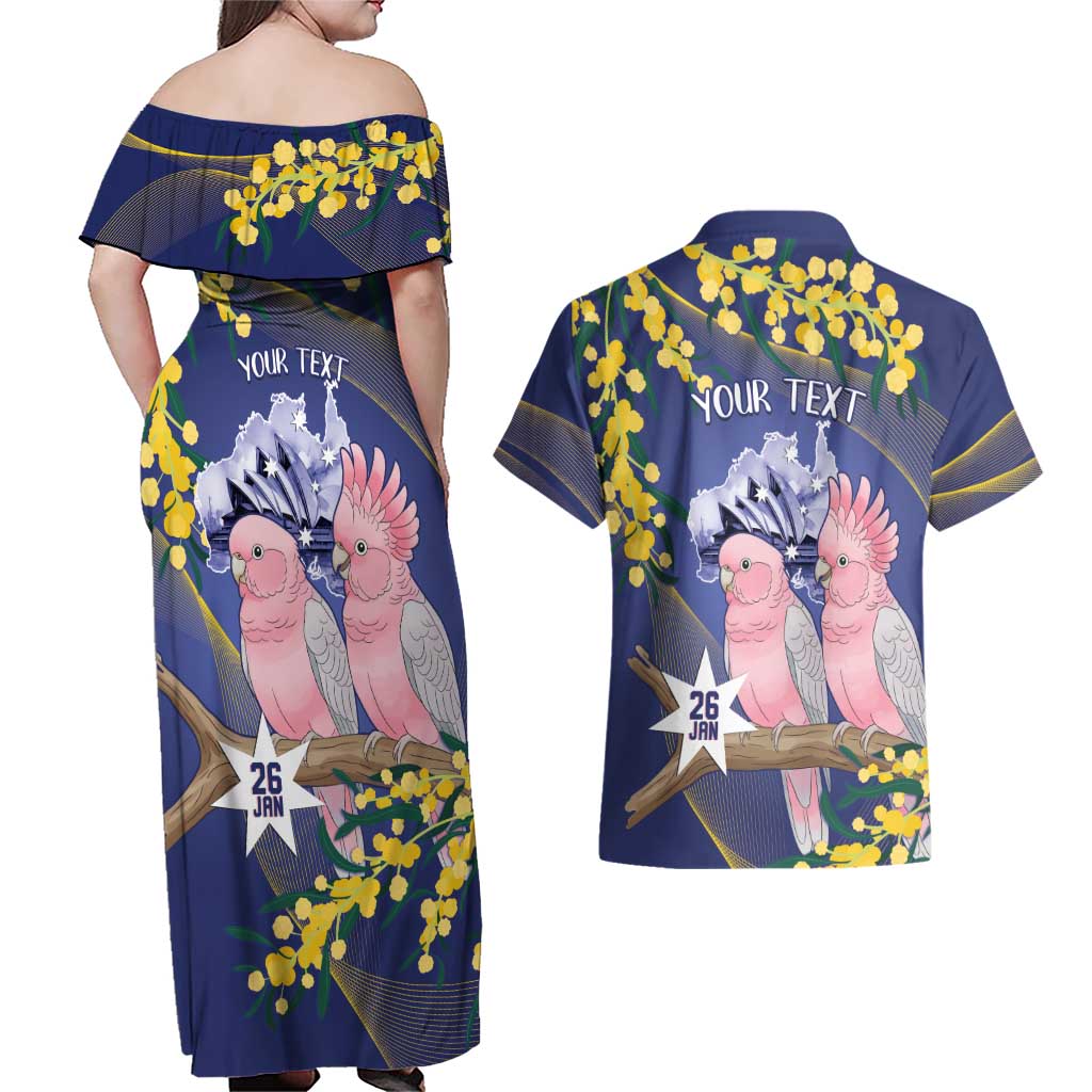 Personalised Pink Galah Australia Day Couples Matching Off Shoulder Maxi Dress and Hawaiian Shirt 26th January Golden Wattle Flag Color - Aussie Hoodie
