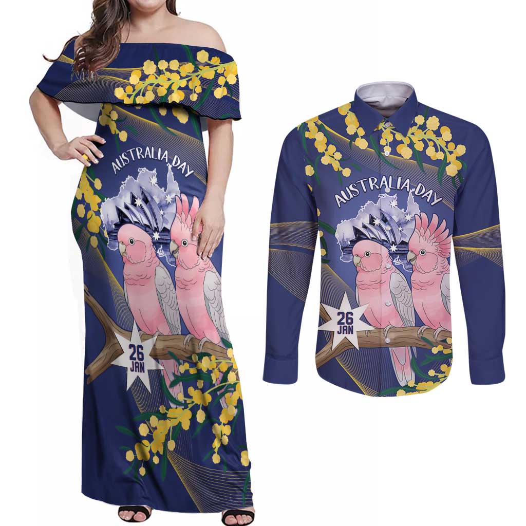 Personalised Pink Galah Australia Day Couples Matching Off Shoulder Maxi Dress and Long Sleeve Button Shirt 26th January Golden Wattle Flag Color - undefined