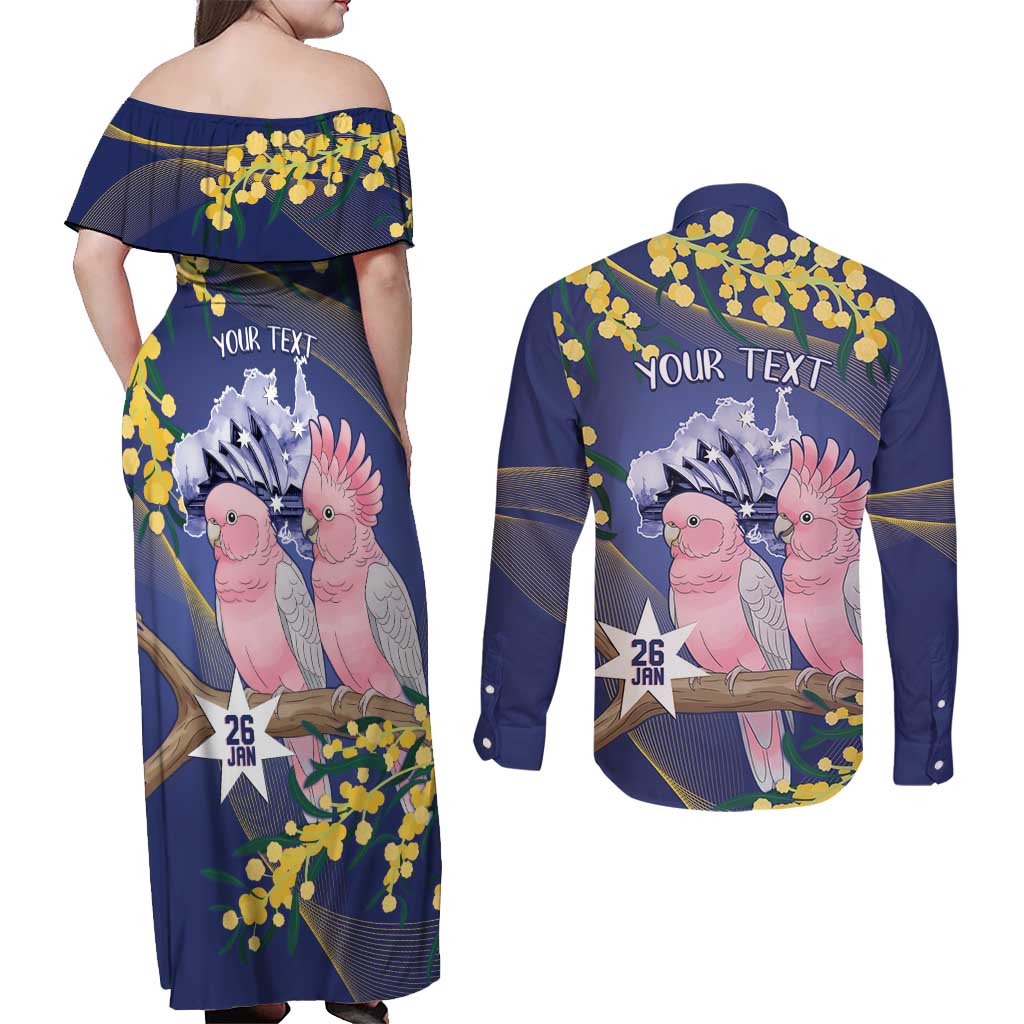 Personalised Pink Galah Australia Day Couples Matching Off Shoulder Maxi Dress and Long Sleeve Button Shirt 26th January Golden Wattle Flag Color - undefined