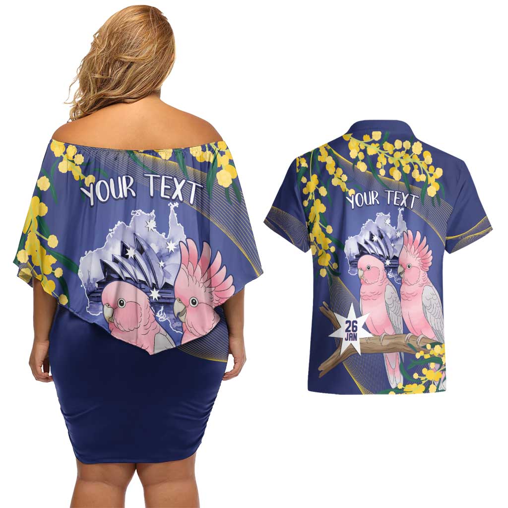 Personalised Pink Galah Australia Day Couples Matching Off Shoulder Short Dress and Hawaiian Shirt 26th January Golden Wattle Flag Color - Aussie Hoodie