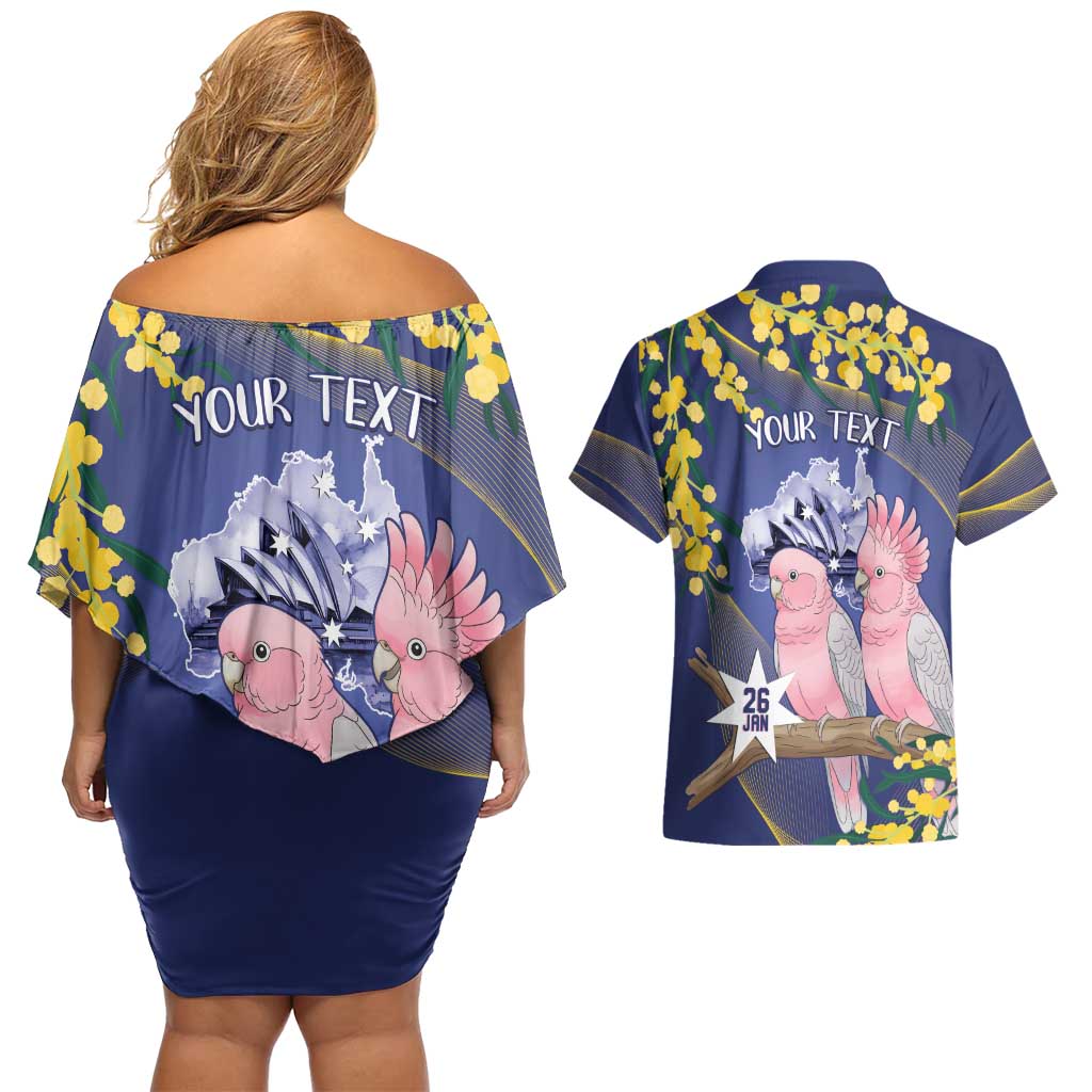 Personalised Pink Galah Australia Day Couples Matching Off Shoulder Short Dress and Hawaiian Shirt 26th January Golden Wattle Flag Color - Aussie Hoodie