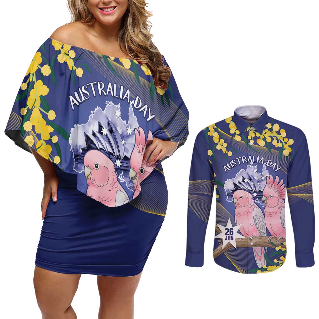 Personalised Pink Galah Australia Day Couples Matching Off Shoulder Short Dress and Long Sleeve Button Shirt 26th January Golden Wattle Flag Color - Aussie Hoodie