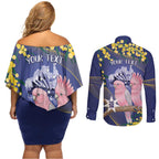 Personalised Pink Galah Australia Day Couples Matching Off Shoulder Short Dress and Long Sleeve Button Shirt 26th January Golden Wattle Flag Color - Aussie Hoodie