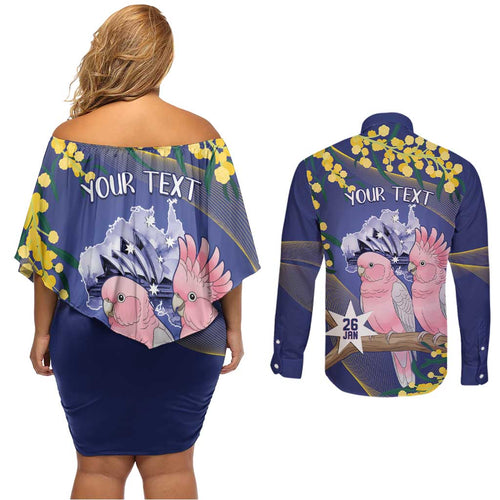 Personalised Pink Galah Australia Day Couples Matching Off Shoulder Short Dress and Long Sleeve Button Shirt 26th January Golden Wattle Flag Color - Aussie Hoodie