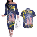 Personalised Pink Galah Australia Day Couples Matching Off The Shoulder Long Sleeve Dress and Hawaiian Shirt 26th January Golden Wattle Flag Color - Aussie Hoodie