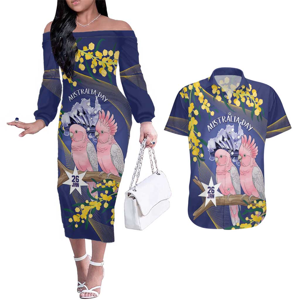 Personalised Pink Galah Australia Day Couples Matching Off The Shoulder Long Sleeve Dress and Hawaiian Shirt 26th January Golden Wattle Flag Color - Aussie Hoodie