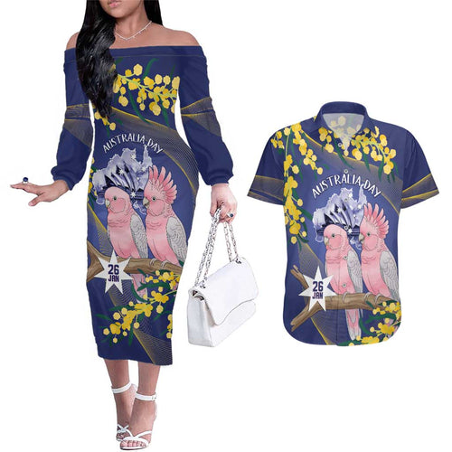 Personalised Pink Galah Australia Day Couples Matching Off The Shoulder Long Sleeve Dress and Hawaiian Shirt 26th January Golden Wattle Flag Color - Aussie Hoodie
