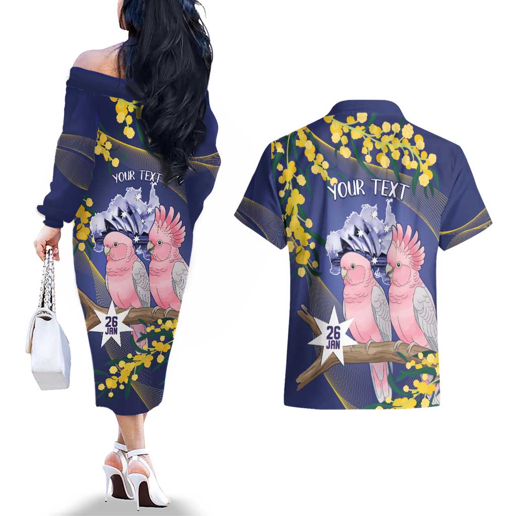 Personalised Pink Galah Australia Day Couples Matching Off The Shoulder Long Sleeve Dress and Hawaiian Shirt 26th January Golden Wattle Flag Color - Aussie Hoodie